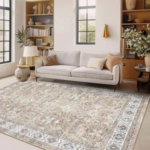 Washable Area Rugs Non-Slip Vintage Distress for Living Room Bedroom Nursery Office, Large Neutral Oriental Thin Carpet