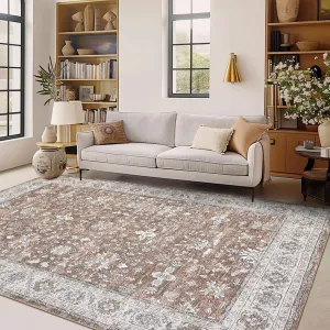Washable Area Rugs Non-Slip Vintage Distress for Living Room Bedroom Nursery Office, Large Neutral Oriental Thin Carpet