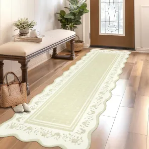 2x6 Runner Rug Scalloped Kitchen Runner Rug Non Slip Washable Entryway Runners Modern Bordered Foldable Thin Accent Carpet Low Pile Soft Nursery Rugs for Hallway Bathroom Bedside Laundry Beige