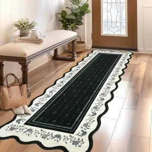 2x6 Runner Rug Scalloped Kitchen Runner Rug Non Slip Washable Entryway Runners Modern Bordered Foldable Thin Accent Carpet Low Pile Soft Nursery Rugs for Hallway Bathroom Bedside Laundry Black