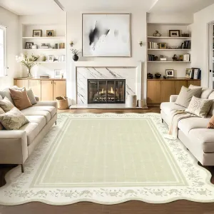 Scalloped Floral Area Rug 5x7 Non-Slip Low-Pile Polyester Machine Washable Kids & Pets Friendly Living Room Bedroom