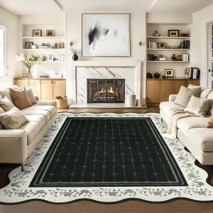 Large Area Rug 10x13 Scalloped Floral Low Pile Soft Polyester Non-Slip Stain Resistant Machine Washable Living Room Nursery Carpet