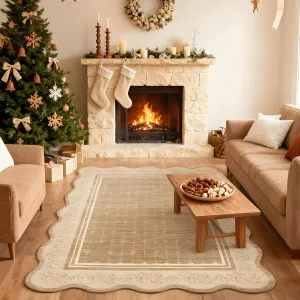 Washable Scalloped Floral Rug 8x10 Non-Slip Stain Resistant 100% Polyester TPR Backing Living Room Bedroom Nursery