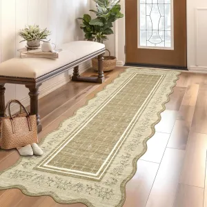 Runner Rug 2x6 Scalloped Floral Non-Slip Washable Polyester Low-Pile Stain-Resistant Camel Kitchen Entryway