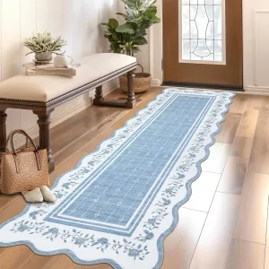 2x6 Scalloped Runner Rug Non-Slip Washable Polyester Low-Pile Stain-Resistant Blue Kitchen Hallway