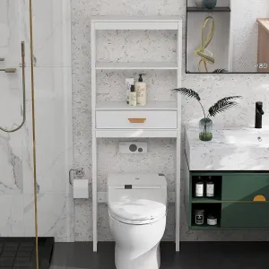 Bathroom Over The Toilet Storage Cabinet, Freestanding Space Saver Organizer, Modern Wooden Toilet Rack, White, Compact Design