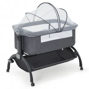 3-in-1 Adjustable Bedside Baby Bassinet with Breathable Mesh, Wheels, Detachable Mosquito Net, Storage Basket and Collapsible Side for Newborns, Dark Grey