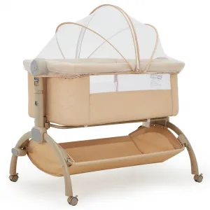 3-in-1 Adjustable Bedside Baby Bassinet with Breathable Mesh, Wheels, Detachable Mosquito Net, Storage Basket and Collapsible Side for Newborns, Khaki