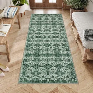 Washable Neutral Runner Rugs Green 2'X6' Vintage Floral Retro Boho Geometric Non Slip Low Pile Carpet for Living Room Bedroom Dining Room Nursery Kids Room Hallway Entryway