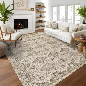 Washable Neutral Area Rugs Beige Brown 5'X7' Vintage Floral Retro Boho Geometric Non Slip Low Pile Carpet for Living Room Bedroom