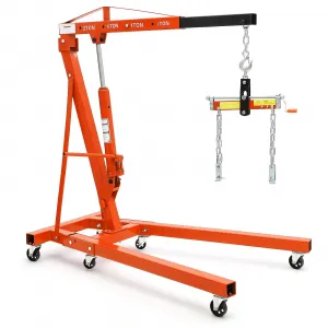 2-Ton Folding Hydraulic Engine Hoist with Load Leveler, 4400 lbs Capacity, Heavy-Duty Cherry Picker with 6 Swivel Wheels, Hydraulic Pump, and Adjustable Boom (0.5T-2T), for Garage, Workshop, and Warehouse, Orange