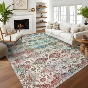 Washable Neutral Area Rugs 10'X13' Vintage Floral Retro Boho Geometric Low Pile Carpet for Living Room Bedroom Dining Room