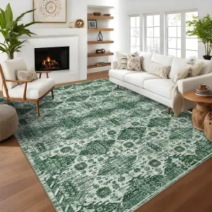 Washable Neutral Area Rugs Green 8'x10' Vintage Floral Retro Boho Geometric Non Slip Low Pile Carpet for Living Room Bedroom Dining Room