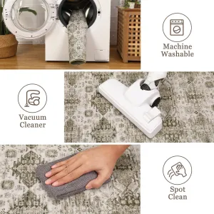 Washable Neutral Area Rugs Beige Brown 8'x10' Vintage Floral Retro Boho Geometric Non Slip Low Pile Carpet for Living Room Bedroom