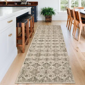 Washable Neutral Runner Rugs Beige Brown 2'X6' Vintage Floral Retro Boho Geometric Non Slip Low Pile Carpet for Living Room Bedroom
