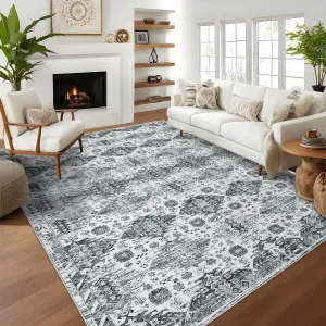 Washable Neutral Area Rugs Gray 9'X12' Vintage Floral Retro Boho Geometric Non Slip Low Pile Carpet for Living Room Bedroom