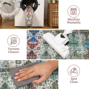 Washable Neutral Area Rugs 5'X7' Vintage Floral Retro Boho Geometric Non Slip Low Pile Carpet for Living Room Bedroom Dining Room Nursery Kids Room