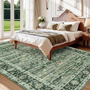 Vintage Style Area Rugs Non-Slip Reversible Machine Washable Rug For Living Room Bedroom 9x12ft Green