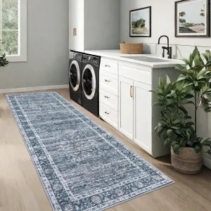 Vintage Style Area Rugs Non-Slip Reversible Machine Washable Rug for Living Room Bedroom Blue 2x6ft