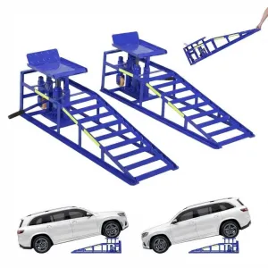 2PC Hydraulic Car Ramps with Wheels - 5T/11,050 lbs Capacity, 9"-14.2" Lifting Range, Heavy-Duty Car Lift Ramps with Night-Reflective Stickers for Home and Garage, Blue
