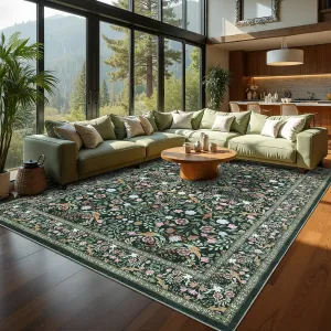 Large Floral Area Rug Vintage Botanical Design Soft Faux Wool Non-Slip Stain Resistant Dark Green Living Room Bedroom
