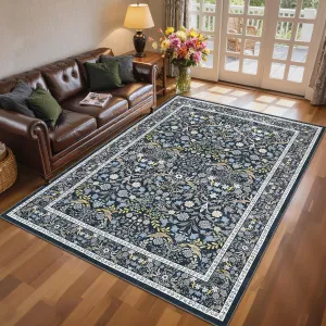 Vintage Floral Area Rug 10x13 - Machine Washable, Non-Slip, Soft Low Pile, Stain Resistant - Durable Edges, Blue - Living Room, Bedroom