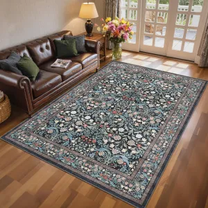8x10 Floral Area Rug Non-Slip Washable Soft Low-Pile Carpet Durable Stain-Resistant Indoor Living Room Bedroom