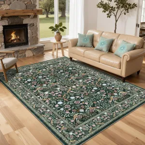 Floral Rug Non Slip Washable Soft Low-Pile Durable Stain-Resistant 5x7 Dark Green for Living Room Bedroom Dining Room