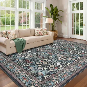 Floral 9x12 Area Rug Plush Vintage Boho Non-Slip Stain Resistant Faux Wool Soft Low Pile Black Living Room Bedroom Dining