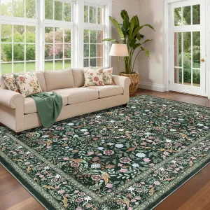 Floral 9x12 Area Rug Vintage Boho Plush Soft Faux Wool Non-Slip Stain Resistant Dark Green Living Room Bedroom