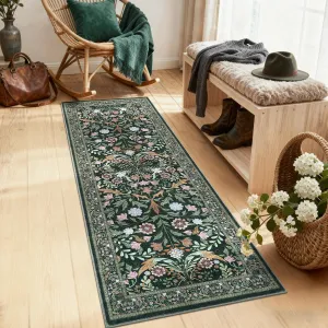 Floral Washable Runner Rug Non Slip Ultra-Thin Soft Floor Carpet Boho Flower Design Dark Green for Hallways Kitchen Laundry Bath