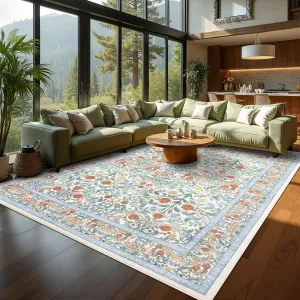 Vintage Floral Area Rug 10x13 - Machine Washable, Non-Slip, Stain Resistant, Soft Low Pile, Durable Edges - Beige - Living Room, Bedroom