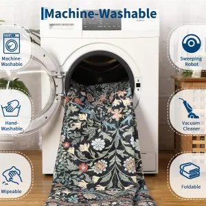 Vintage Floral Area Rug 10x13 - Machine Washable, Non-Slip Backing, Soft Low Pile, Stain Resistant, Durable Edges - Black - Living Room, Bedroom