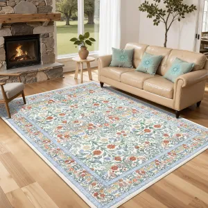 Floral 5x7 Area Rug Vintage Boho Washable Non-Slip Faux Wool Stain-Resistant Low Pile Beige Living Room Bedroom