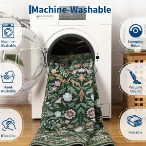 8x10 Floral Area Rug for Living Room, Washable Non-Slip Soft Low-Pile Carpet, Durable Stain-Resistant, Pet-Friendly, Dark Green, Indoor Bedroom Dining