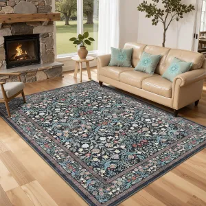 Floral 5x7 Vintage Boho Area Rug - Washable, Non-Slip, Soft Faux Wool - Stain-Resistant, Kid & Pet-Friendly - Black - Living Room, Bedroom