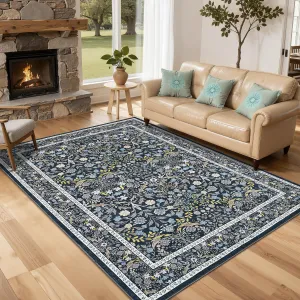 Floral 5x7 Area Rug Vintage Boho Washable Non-Slip Faux Wool Soft Stain-Resistant Low Pile Blue Living Room Bedroom
