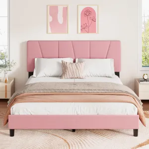 Twin Size Adjustable Bed Frame for Girls, Velvet Upholstered, 3-Level Headboard, Noise-Free, Metal & Wood, Easy Assembly, Bedroom