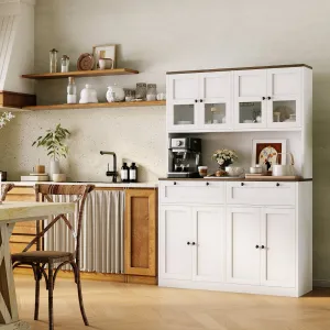 Modern 71" Tall Kitchen Pantry Cabinet with Glass Doors, Adjustable Shelves, Charging Station and Microwave Stand for Dining Room and Living Room, White