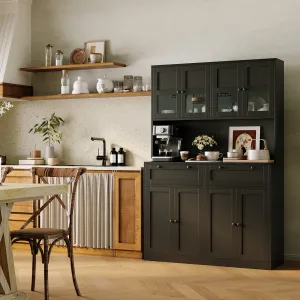 Modern 71" Tall Kitchen Pantry Cabinet with Glass Doors, Adjustable Shelves, Charging Station and Microwave Stand for Dining Room and Living Room, Black