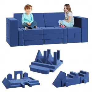 Convertible 2-Seat Modular Kids Play Couch with 22 Pieces for Bedroom and Playroom, Blue