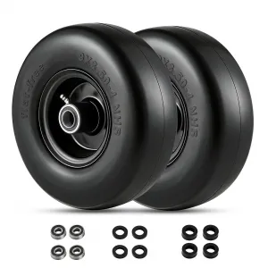 2 Pack 9x3.50-4 Flat Free Lawn Mower Tire with PU Foam, Steel Rim, 3/4" 5/8" Bushings, Durable, Zero Maintenance for Push Mower