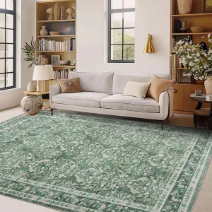 Washable Area Rug Soft Low Pile Distressed Vintage Indoor Carpet for Living Room Bedroom Dining Room Home Decor