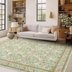 Washable Area Rug Soft Low Pile Vintage Indoor Carpet for Living Room Bedroom Dining Room, Non Slip, Distressed Design