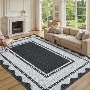 Washable Area Rugs 10x13 Low Pile Non Slip Stain-Resistant Soft Carpet for Living Room Bedroom Kids Room Nursery Black Grey