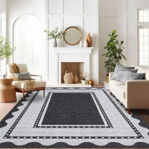 Border Washable Area Rug 9x12 Black Modern Neutral Stain Resistant Low Pile Carpet for Living Room Bedroom Nursery Dining Room Office