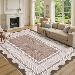 Washable Area Rugs 10x13 Low Pile Non Slip Stain-Resistant Soft Carpet Red Brown for Living Room Bedroom Kids Room Nursery