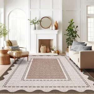 Border Washable Area Rug 8x10 Brown, Modern Neutral Stain Resistant Non Slip Soft Low Pile Carpet for Living Room Bedroom Nursery Dining Room Farmhouse Office Dorm