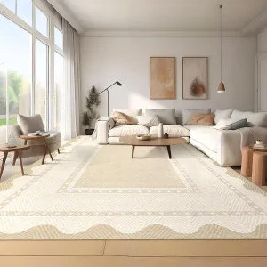 Border Washable Area Rug 8x10 Beige Modern Neutral Stain Resistant Non Slip Low Pile Scalloped Carpet for Living Room Bedroom Nursery Dining Room Office
