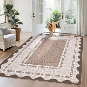 Washable Rugs 5x7 Brown Bordered Non Slip Rug for Living Room Bedroom Dining Room, Easy Clean, Non-Shedding